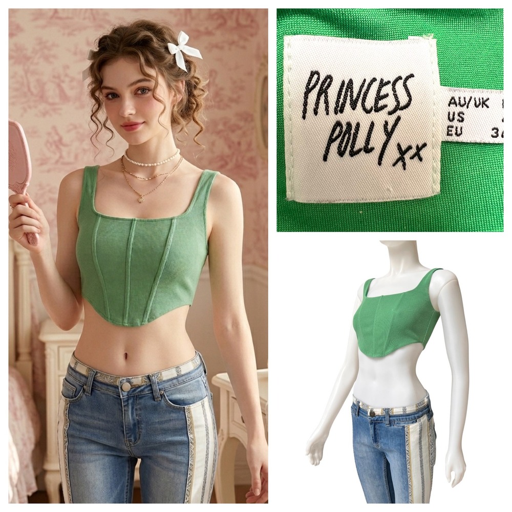 Princess Polly Kaeshia Rib Bustier Green Crop Corset Top Cotton Coquette Sz 4